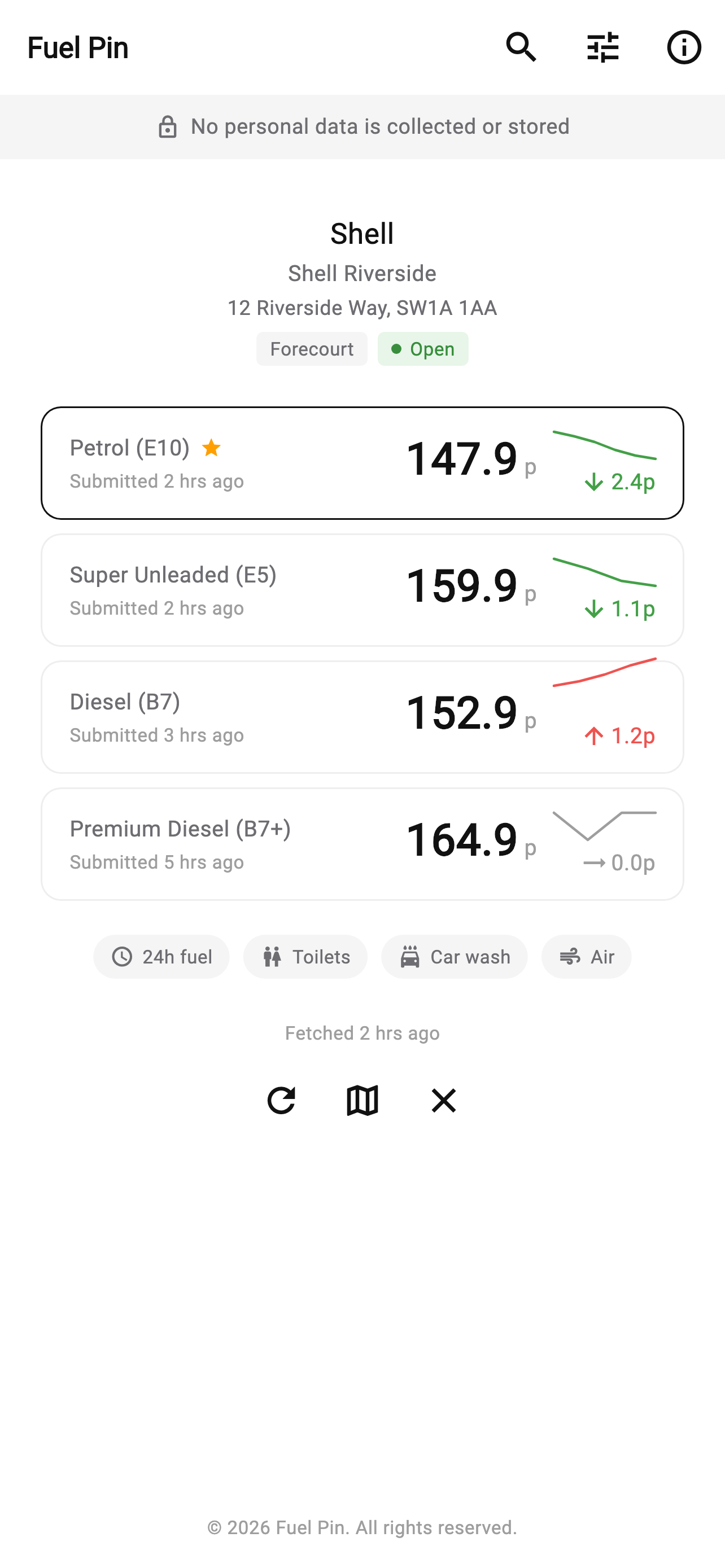 FuelPin home screen