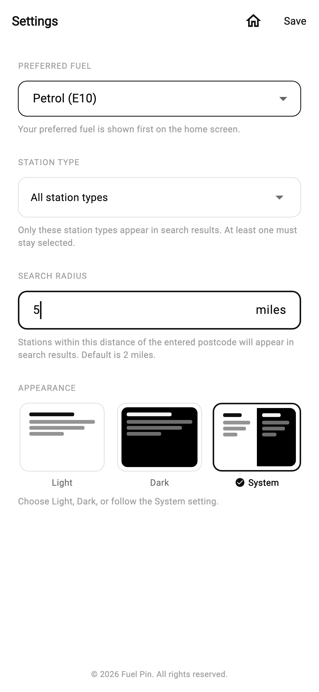 Settings screen